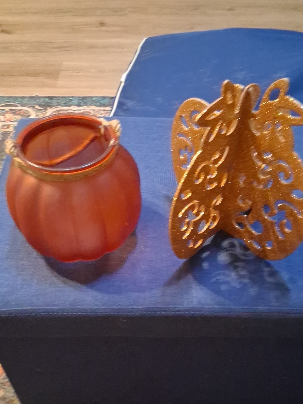 Orange Frosted Glass Pumpkin Candle Or Candy Holder/ Glittered Cardboard Pumpkin